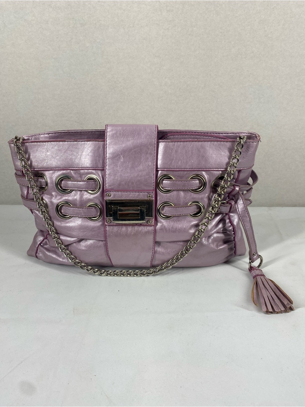 Lavender Faux Leather Handbag with Silver Front Latch and Strap